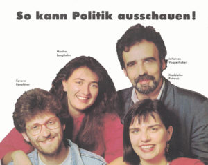 Severin Renoldner, Monika Langthaler, Johannes Voggenhuber und Madeleine Petrovic kandidierten 1990 auf der Bundesliste. Foto: UrheberIn nicht angegeben
