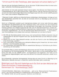 Aktionen der österreichischen Friedensbewegung für den Atomteststopp.
