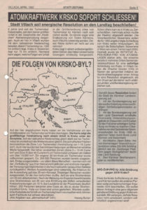 Die Forderung nach einer Resolution gegen das AKW Krško erschien in der Statt-Zeitung 2/1992.