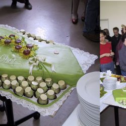 Torte mit grüner Glasur, Thomas Blimlinger und Madeleine Reiser schneiden Torte an